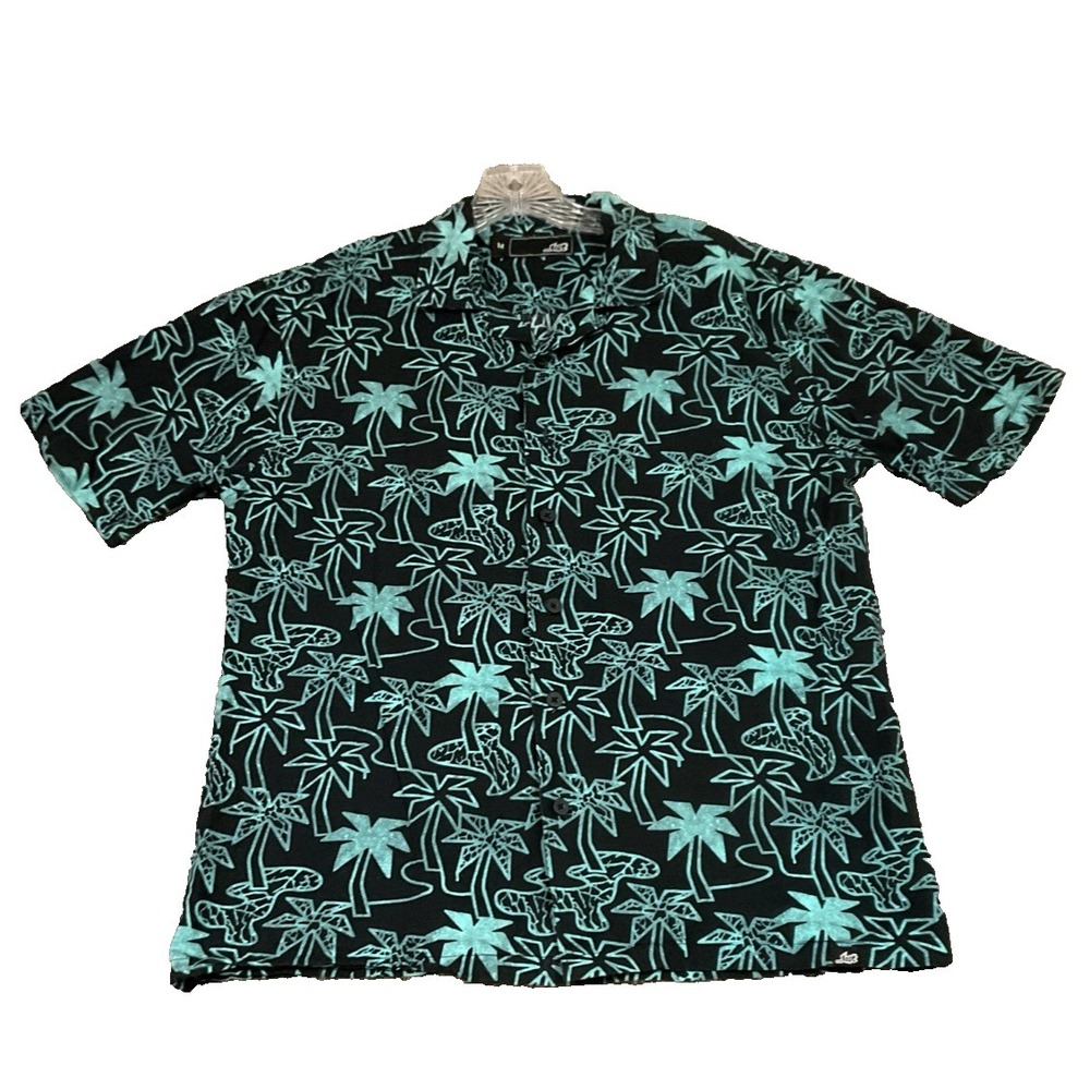 Lost Hawaiian Shirt Men's Black Teal Palm Tree Tropical Button Up Cotton Sz M